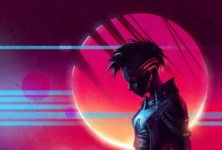 HD desktop wallpaper featuring a retro-wave aesthetic with music elements and a futuristic figure against a vibrant, colorful background. Tags: sun, retro wave, music, Scandroid.
