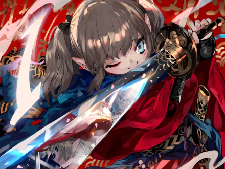 HD PC desktop wallpaper featuring a Lalafell character from Final Fantasy XIV, wielding a glowing sword with dynamic red and blue tones in a vibrant video game scene.