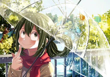 HD desktop wallpaper featuring Tsuyu Asui from My Hero Academia, holding a clear umbrella outdoors, surrounded by lush green foliage and sparkling rain.