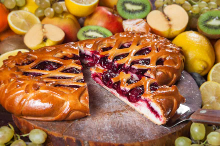 HD desktop wallpaper featuring a still life arrangement of a sliced fruit pie surrounded by fresh apples, lemons, kiwi, and grapes, highlighting vibrant colors and textures.