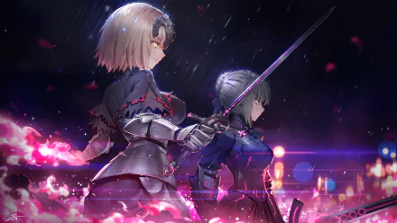 HD wallpaper featuring Jeanne d'Arc Alter (Avenger) and Artoria Pendragon (Saber Alter) from the Fate series. The two characters stand back-to-back with swords ready, in a dynamic, rain-soaked night scene.