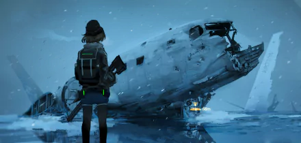 HD desktop wallpaper featuring an original anime scene of a character standing in front of a snowy, wrecked airplane. The image conveys a sense of adventure and mystery.