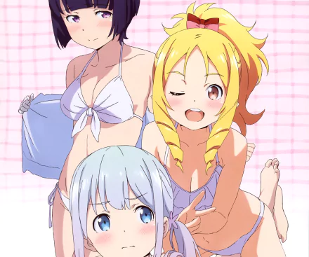 Vibrant HD wallpaper featuring characters Senju Muramasa, Sagiri Izumi, and Elf Yamada from EroManga-Sensei, showcasing a playful beach scene in colorful swimsuits.