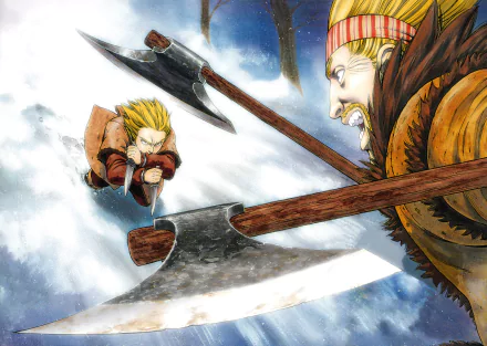 A dynamic HD wallpaper featuring Thorfinn and Thorkell in an intense battle scene from the anime Vinland Saga.