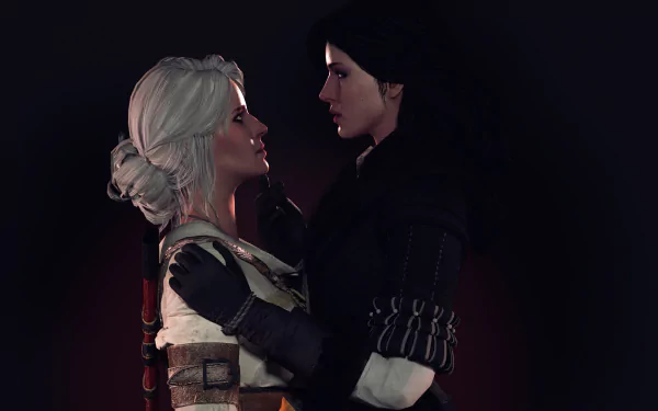HD wallpaper depicting Yennefer of Vengerberg and Ciri from The Witcher 3: Wild Hunt video game, standing closely and intently looking at each other, creating an intense and captivating scene.
