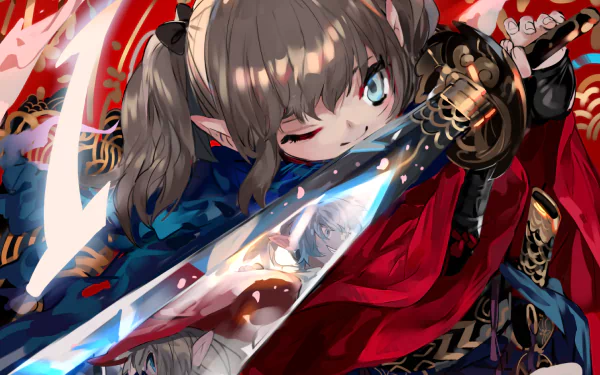 HD PC desktop wallpaper featuring a Lalafell character from Final Fantasy XIV, wielding a glowing sword with dynamic red and blue tones in a vibrant video game scene.
