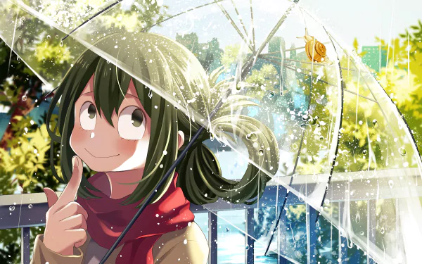 HD desktop wallpaper featuring Tsuyu Asui from My Hero Academia, holding a clear umbrella outdoors, surrounded by lush green foliage and sparkling rain.