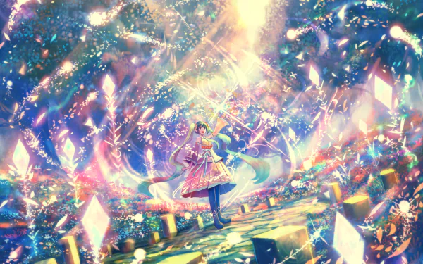 A vibrant HD PC desktop wallpaper featuring Hatsune Miku from the Vocaloid series in an enchanting, colorful anime setting with glowing crystals and dynamic light effects.