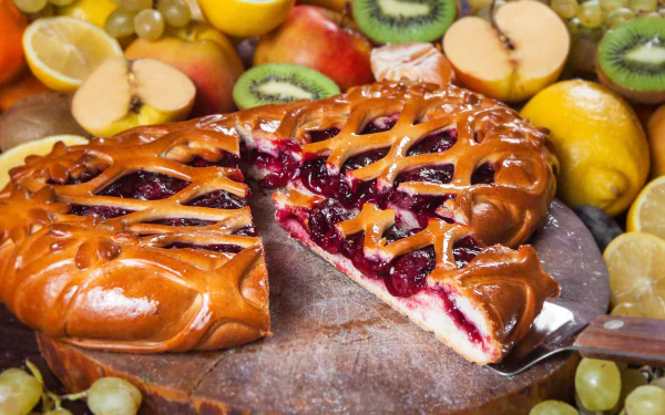 HD desktop wallpaper featuring a still life arrangement of a sliced fruit pie surrounded by fresh apples, lemons, kiwi, and grapes, highlighting vibrant colors and textures.