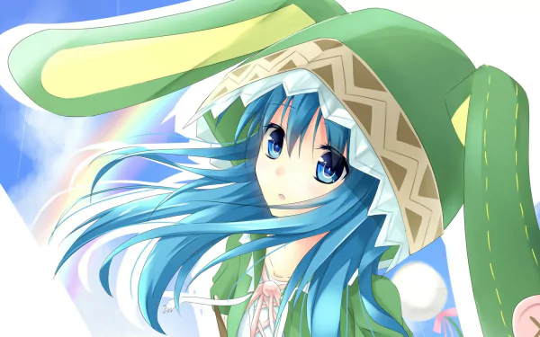 HD desktop wallpaper featuring Yoshino from the anime Date A Live, showing her with blue hair, wearing a green bunny-eared hat, and a gentle expression amidst a light background.