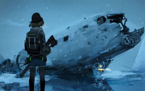 HD desktop wallpaper featuring an original anime scene of a character standing in front of a snowy, wrecked airplane. The image conveys a sense of adventure and mystery.