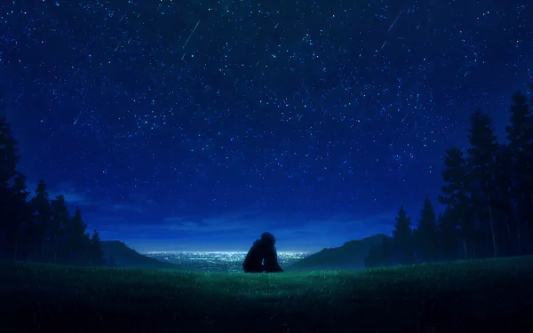 HD desktop wallpaper featuring Kirito from Sword Art Online Ordinal Scale, sitting under a starry night sky. The background showcases a calm, scenic landscape from the anime movie.