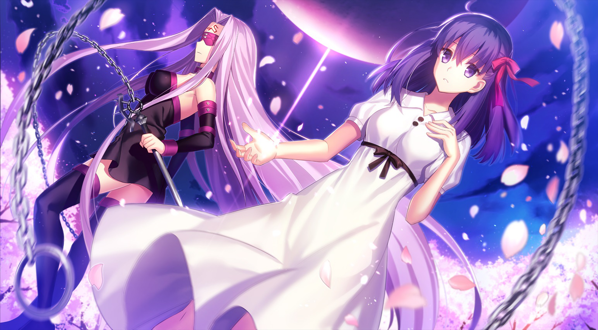 A dynamic HD wallpaper featuring Sakura Matou and Rider from the Fate/stay Night Movie: Heaven’s Feel, set against a vibrant, moonlit backdrop with cherry blossom petals.