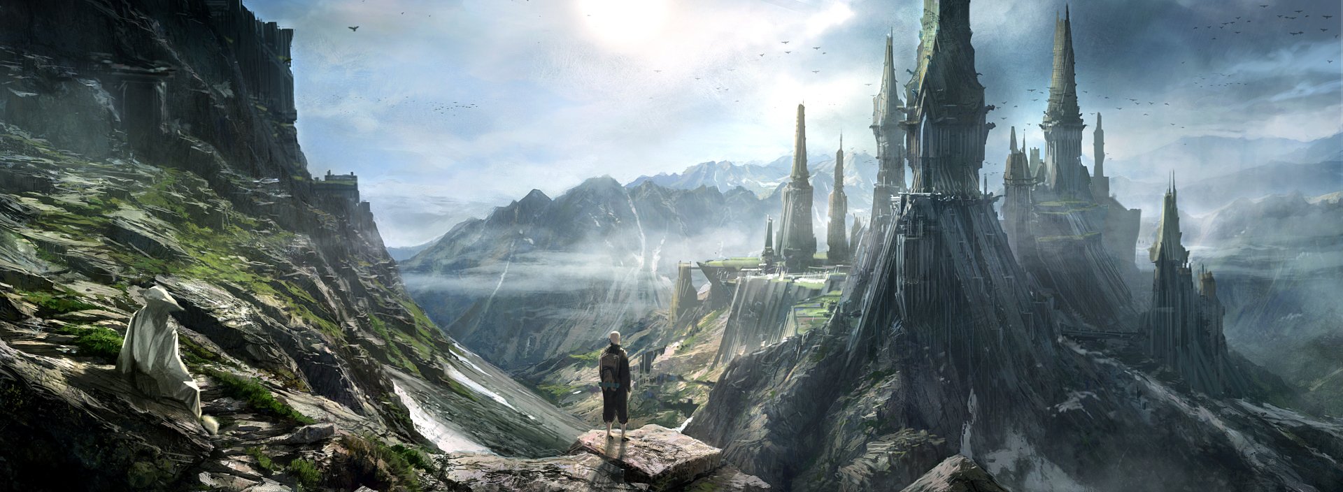 A stunning HD fantasy landscape wallpaper featuring towering mountains, mystical buildings, and a person overlooking a majestic city from a high vantage point.