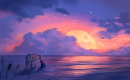 A fantasy landscape HD wallpaper featuring a majestic tiger beside a figure at the water’s edge, with a vibrant sunset, clouds, a sky streaked with comets, and a glowing moon in the background.