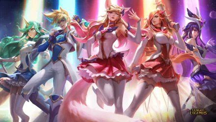 HD desktop wallpaper featuring League of Legends characters Soraka, Ezreal, Ahri, Miss Fortune, and Syndra in Star Guardians theme. Colorful, dynamic background with video game characters in vibrant costumes.