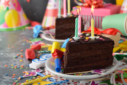 HD desktop wallpaper featuring a festive birthday celebration with colorful decorations, a slice of chocolate cake with lit candles, and party hats in the background.