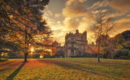 HD wallpaper of a fall sunrise over a palace in a park. Trees with autumn foliage and soft morning light create a serene atmosphere.