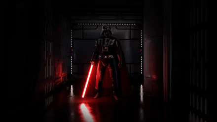 HD desktop wallpaper of Darth Vader wielding a red lightsaber in Star Wars Battlefront II (2017), with dark, atmospheric lighting.