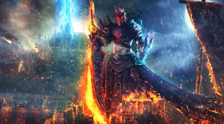 A warrior in armor wields a fiery sword amidst rain and chaos, embodying a striking scene from the video game Guild Wars 2, set against a dramatic HD backdrop.