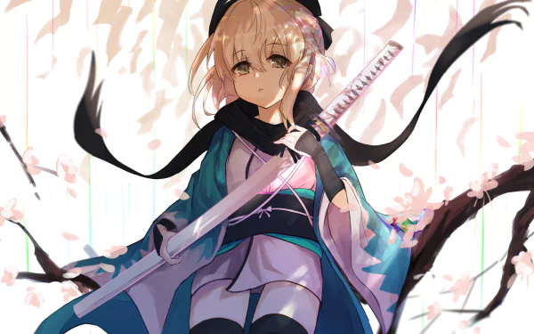 HD PC desktop wallpaper featuring Sakura Saber from Fate/Grand Order, depicted in anime style amidst cherry blossoms, holding her sword with a calm expression.