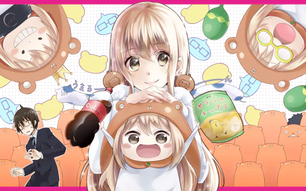 HD desktop wallpaper featuring characters from the anime Himouto! Umaru-chan. Centered is Umaru in various moods, including her chibi form, surrounded by cute, colorful graphics.