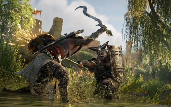 4K Ultra HD PC desktop wallpaper featuring intense combat between two warriors in Assassin's Creed Origins, showcasing detailed environments and dynamic action.