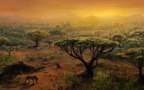 Artistic Painting Hyena Africa Landscape Tree Savannah HD Wallpaper | Background Image