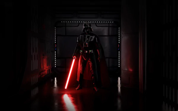 HD desktop wallpaper of Darth Vader wielding a red lightsaber in Star Wars Battlefront II (2017), with dark, atmospheric lighting.