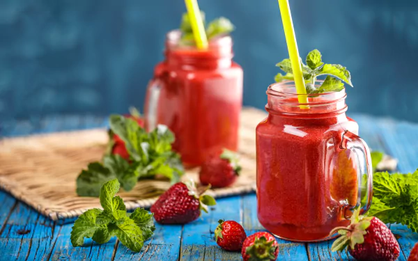 8K Ultra HD PC desktop wallpaper — food still life of strawberry fruit: vibrant berry smoothies in mason jars with fresh strawberries and mint on a blue wooden table.