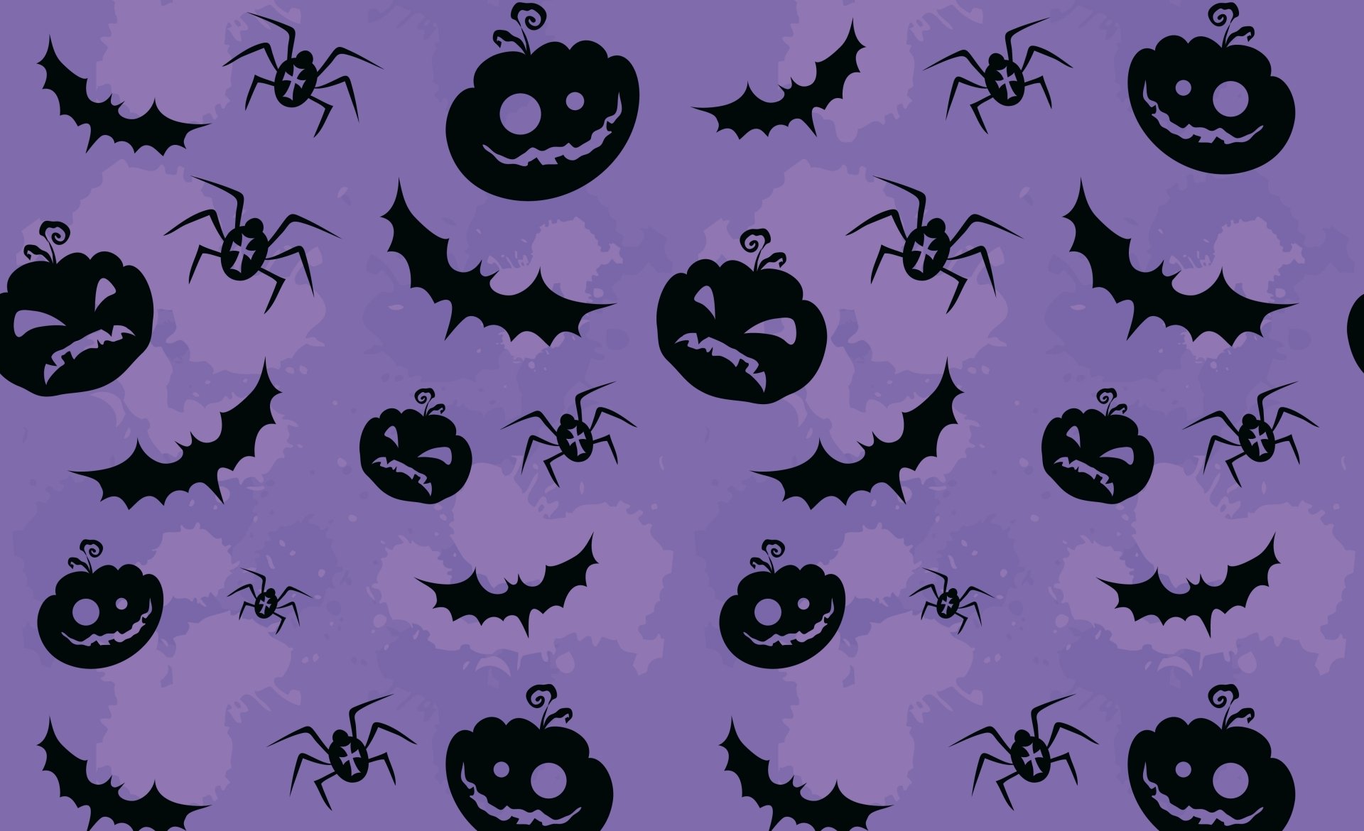 Halloween-themed 4K Ultra HD desktop wallpaper featuring black spider, bat, and jack-o'-lantern silhouettes on a purple background for a festive holiday look.