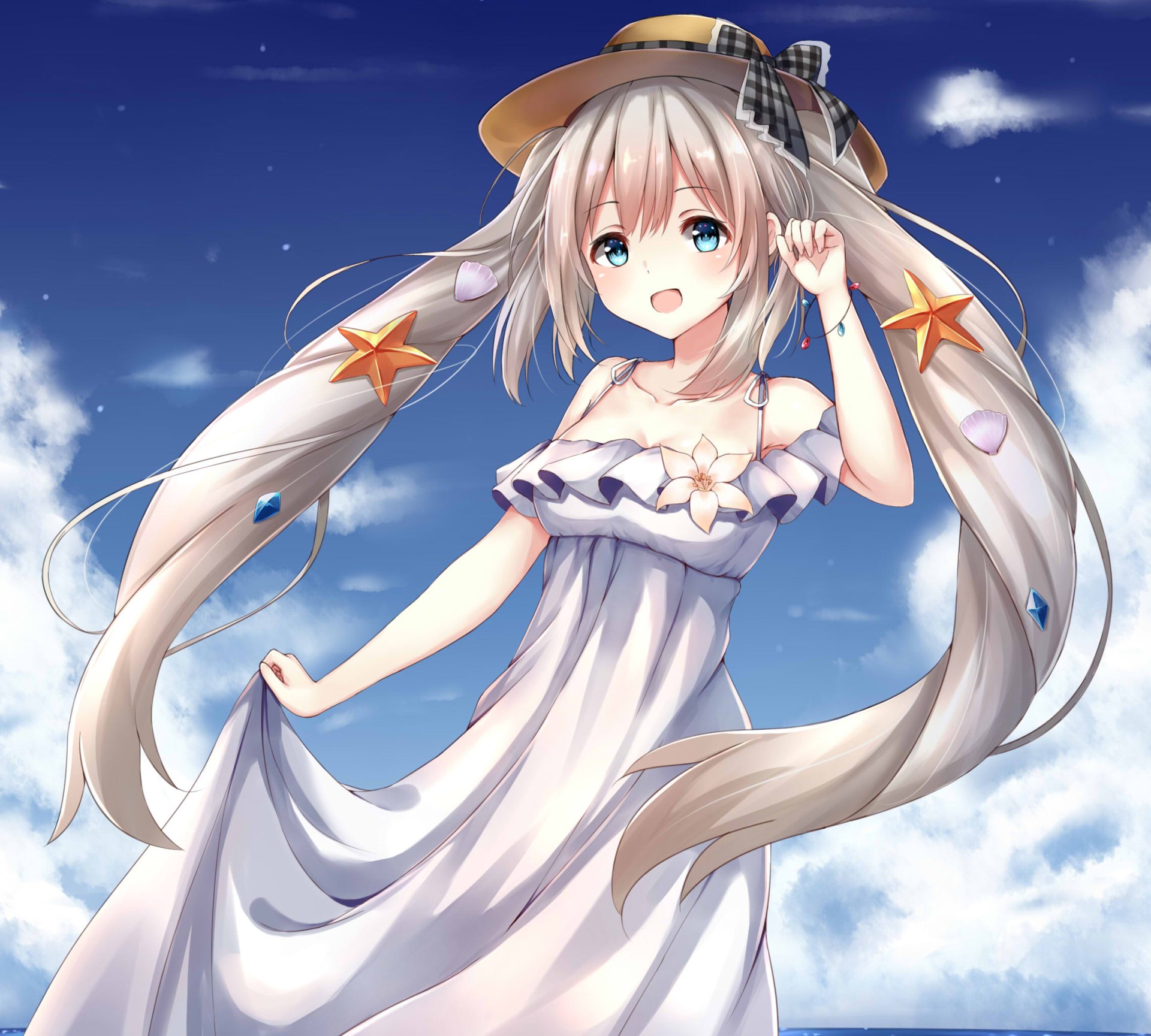 HD PC desktop wallpaper featuring Rider from Fate/Grand Order, depicted in anime style with flowing hair and a white dress against a bright blue sky background.