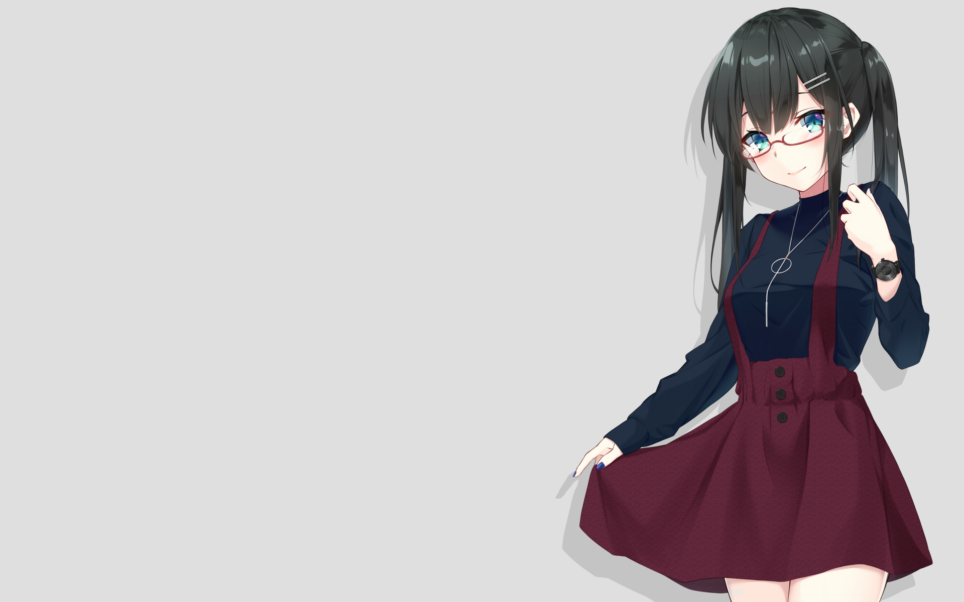 Anime-style original character with long black hair and glasses, wearing a dark top and maroon skirt, designed as a 4K Ultra HD PC desktop wallpaper background.