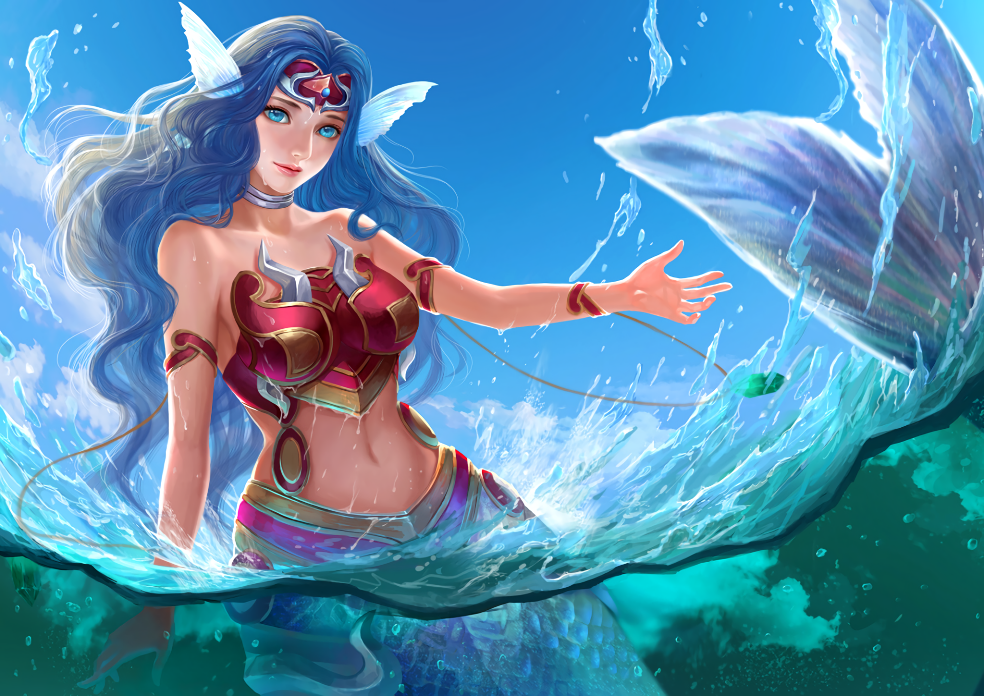 Anime-style mermaid with blue eyes and blue hair, in a vibrant HD desktop wallpaper featuring elements from Yu-Gi-Oh!.