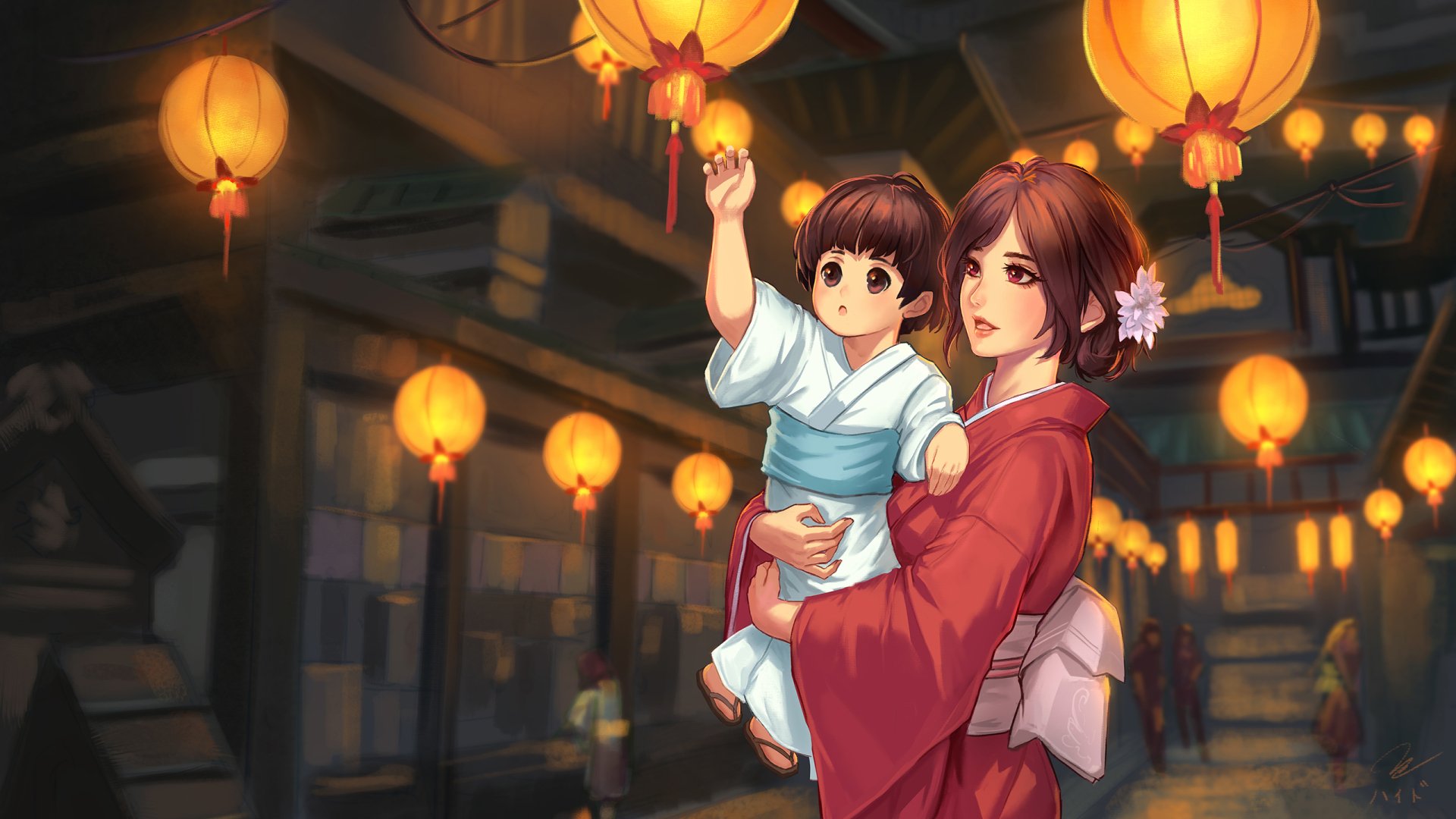 Anime-style HD wallpaper of a brown-haired woman in a red yukata holding a child with pink eyes and short brown hair, surrounded by glowing oriental lanterns at night.