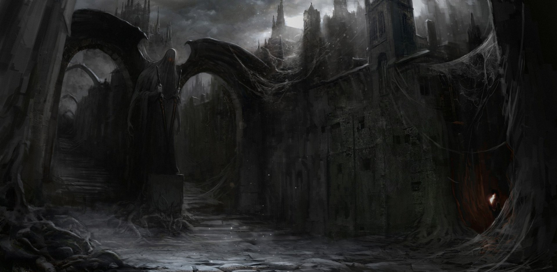 A dark and brooding cityscape featuring a gothic statue and ancient building. This HD wallpaper exudes a haunting and mysterious atmosphere.