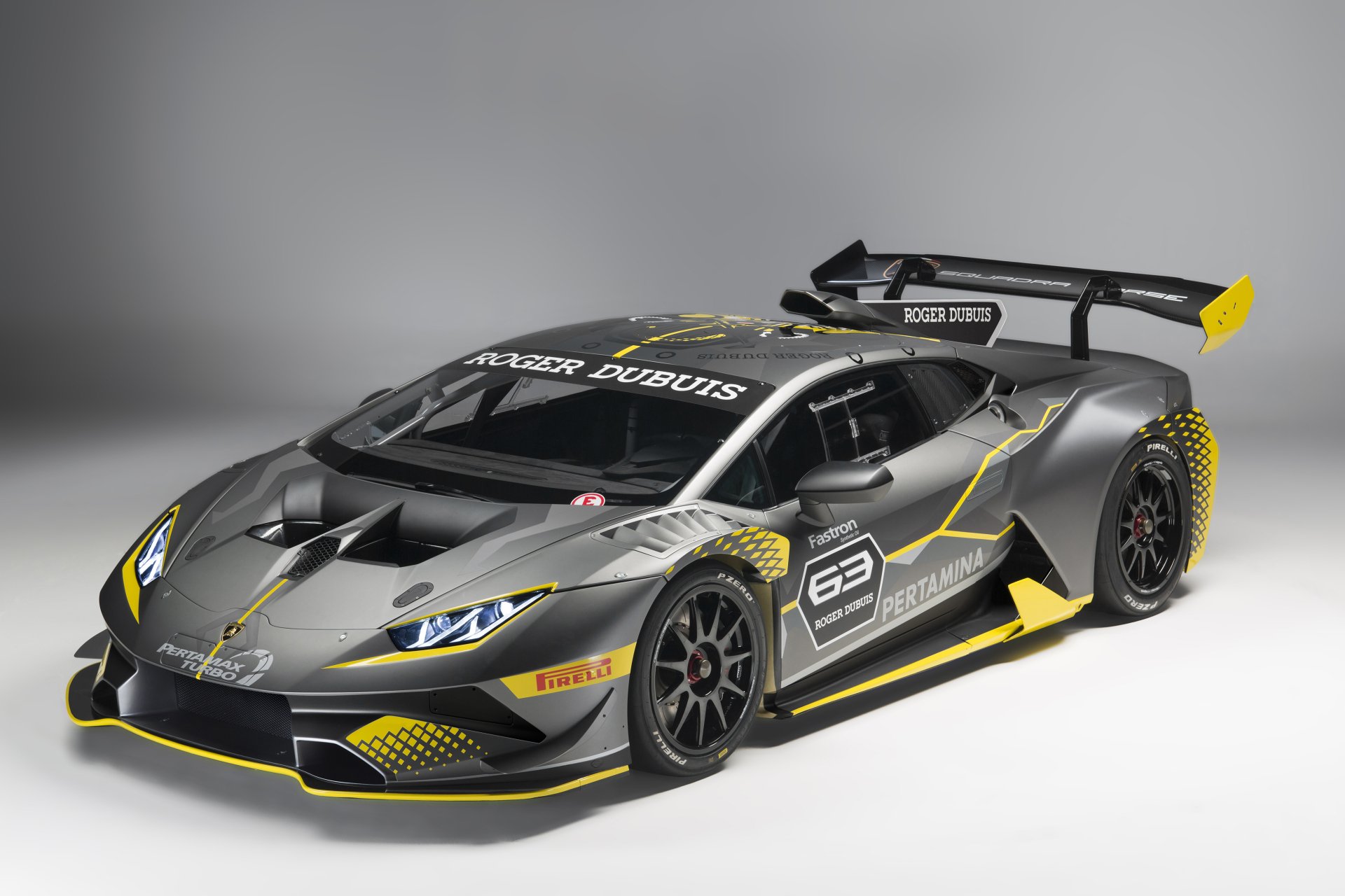 HD desktop wallpaper featuring a sleek, silver Lamborghini Huracan race car, highlighting its aerodynamic design and racing decals.