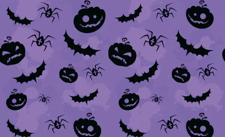 Halloween-themed 4K Ultra HD desktop wallpaper featuring black spider, bat, and jack-o'-lantern silhouettes on a purple background for a festive holiday look.