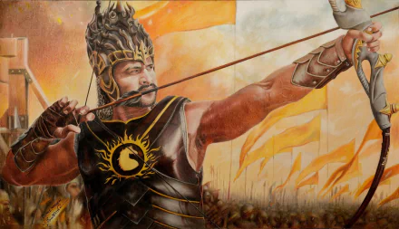HD desktop wallpaper of a scene from Baahubali 2: The Conclusion, featuring a warrior in detailed armor drawing a bow, set against a backdrop of battle flags.