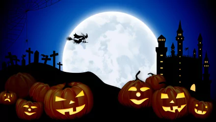 A Halloween-themed HD desktop wallpaper featuring a moonlit graveyard, glowing jack-o’-lanterns, a witch flying past the full moon, and a dark castle silhouette at night.