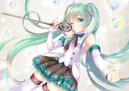 HD anime wallpaper featuring Hatsune Miku from Vocaloid, showcasing her iconic turquoise twin-tails and futuristic outfit with vibrant, colorful accents.