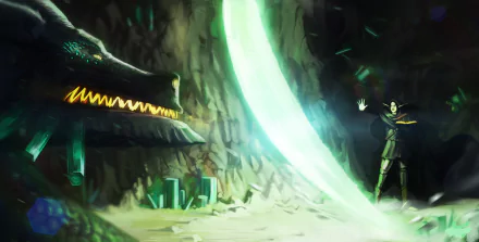 A fantasy 4K Ultra HD wallpaper depicting a wizard and elf inside a crystal cave, facing off against a glowing dragon with magical energy illuminating the scene.