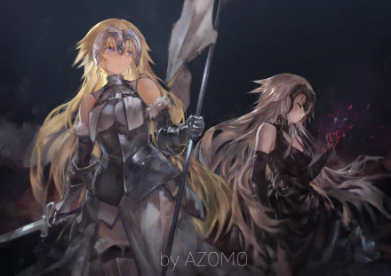 HD desktop wallpaper featuring Jeanne d'Arc (Ruler) and Jeanne d'Arc Alter (Avenger) from the Fate series, including Fate/Grand Order and Fate/Apocrypha. The characters are depicted in detailed anime art.