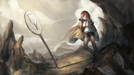 Kurisu Makise stands contemplatively in a surreal landscape from Steins;Gate, showcasing her iconic look against a backdrop of dramatic rocky scenery. HD quality enhances this anime wallpaper.