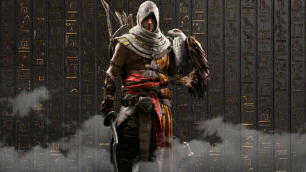 HD wallpaper of Bayek of Siwa from Assassin's Creed Origins, standing with Senu the eagle against a backdrop of ancient hieroglyphics.