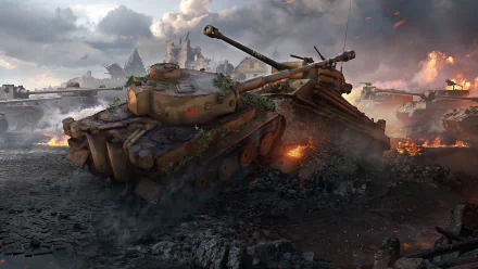 HD PC desktop wallpaper featuring Tiger 131 and M4 Sherman tanks from the World of Tanks video game amidst a fiery battlefield.