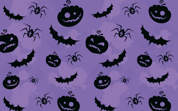 Halloween-themed 4K Ultra HD desktop wallpaper featuring black spider, bat, and jack-o'-lantern silhouettes on a purple background for a festive holiday look.