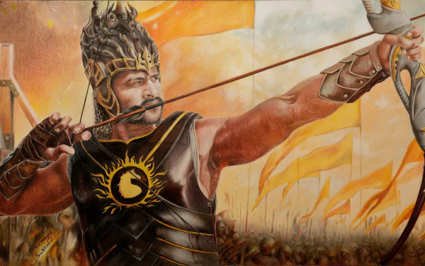 HD desktop wallpaper of a scene from Baahubali 2: The Conclusion, featuring a warrior in detailed armor drawing a bow, set against a backdrop of battle flags.
