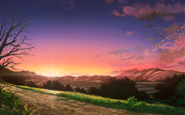 Anime Sunset Landscape Road Tree Mountain Cloud Sunbeam HD Wallpaper | Background Image