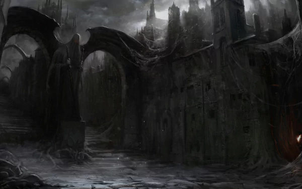 A dark and brooding cityscape featuring a gothic statue and ancient building. This HD wallpaper exudes a haunting and mysterious atmosphere.